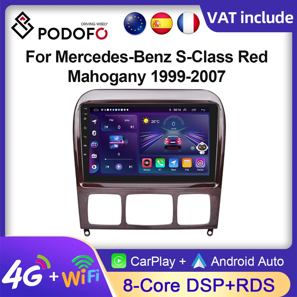 Podofo 2Din Android Car Radio Carplay For Mercedes Benz S-Class W220 1998-2005 AI Voice Android auto WIFI GPS Car Multimedia