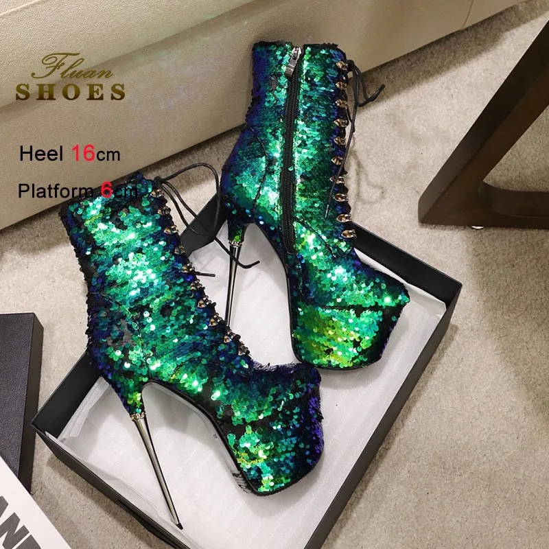 

Короткие ботинки с пайетками для женщин, сексуальные ботильоны для танцев на пилоне, туфли на платформе с каблуком-шпилькой 16 см, женские туфли на высоком каблуке для ночных клубов и вечеринок CD