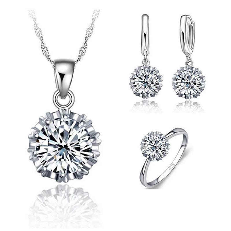 925 Sterling Silver Color Zestawy biżuterii ślubnej dla kobiet Big Stone CZ Cubic Zirconia Naszyjnik / kolczyk / zestaw pierścionków Rozmiar 5-10