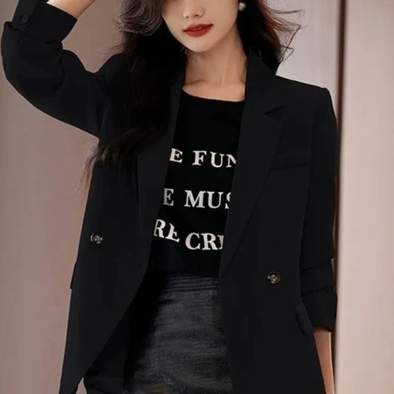 Temperament Spring Autumn New Women\'s Notched Solid Double Breasted Asymmetrical Split Fashion Loose Long Sleeve Blazers Tops