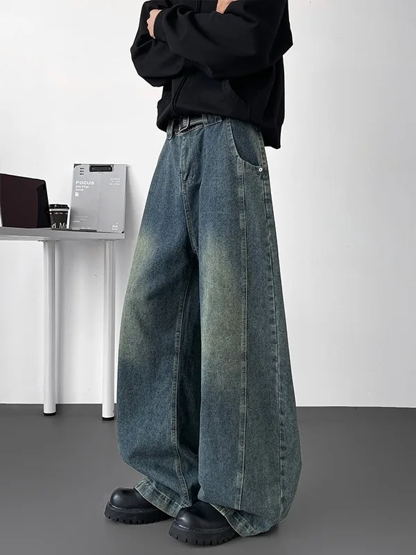 

American Sle Wide Leg Men's Jeans Student Straight Cut Trousers Banana Scythe Pants High Waist Distred Denim Jeans