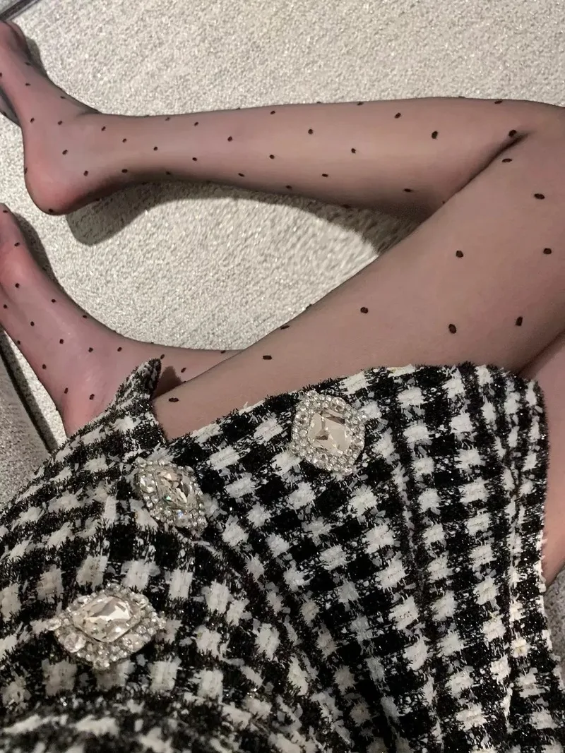 ชุดเดรสแขนกุดลาย Houndstooth สวยงาม cewek seksi หวานชุดเดรสสั้นเข้ารูปกระดุมติดเพชรสำหรับฤดูใบไม้ร่วง