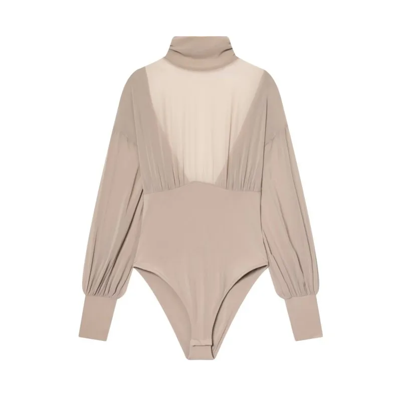Damskie jesienne seksowne body z wysokim dekoltem, dopasowane, z długim rękawem, modne kombinezony, bez pleców, w stylu plażowym.