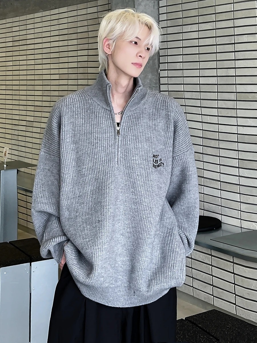 

American Sle Heavyweight ey f Zip Sweater Men's Casual Autumn Winter Knitted Loose Fit Comfortable Stand Collar Top