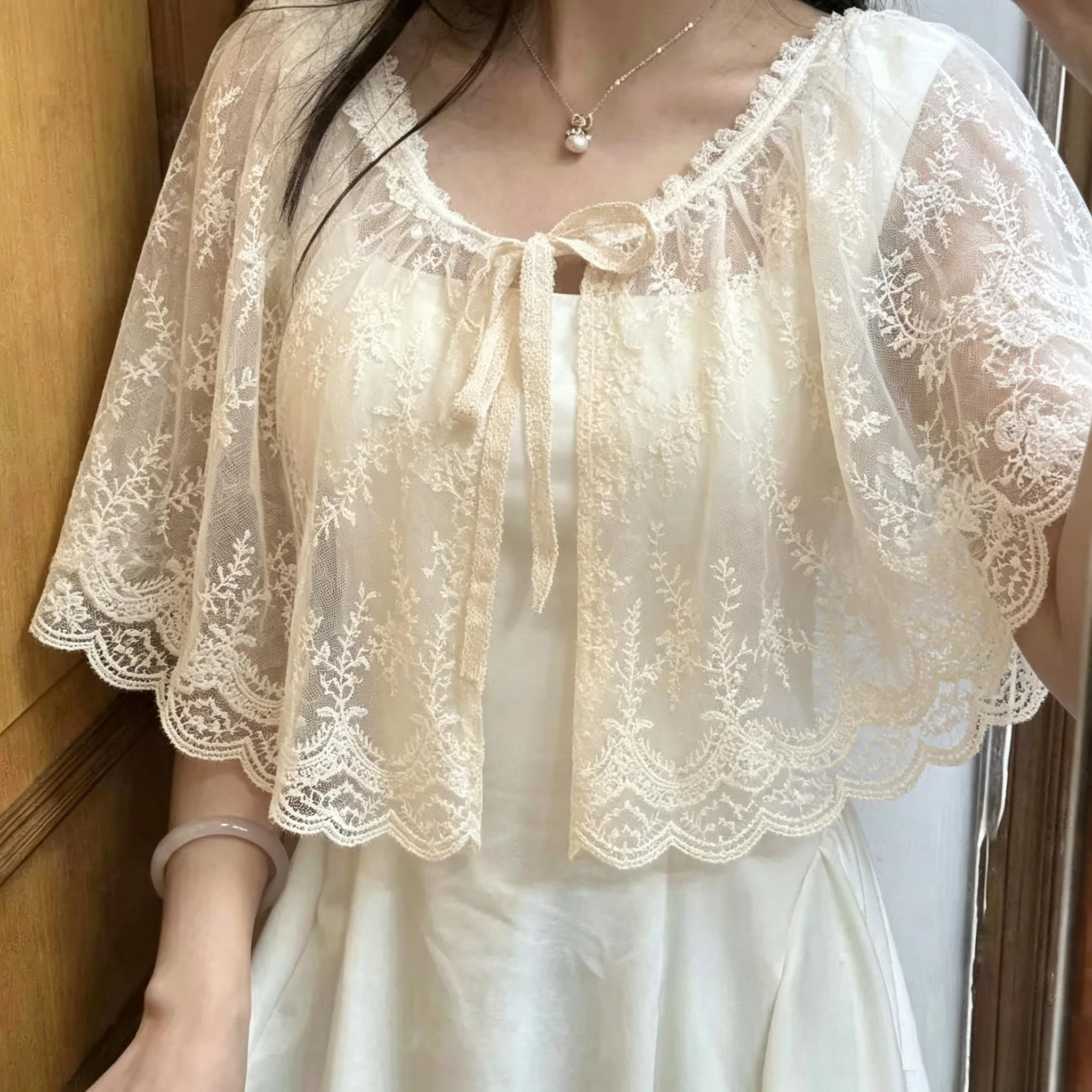 Japanese Retro Lolita Sweet Lace Shawl Women Versatile Drawstring Doll Collar Blouse Embroidery Shirt Kawaii Cardigan