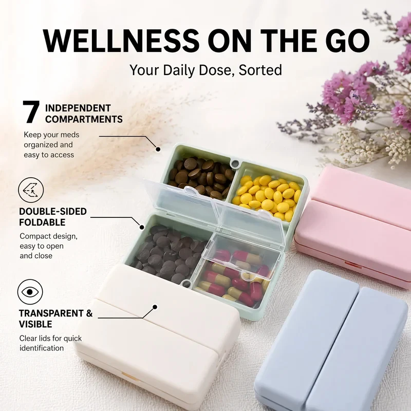 1 Pcs Double-Layer Magnetic Independent Folding Medicine Storage Box 7 Compartments Dust-Proof Moisture-Proof Organizer for Tabl