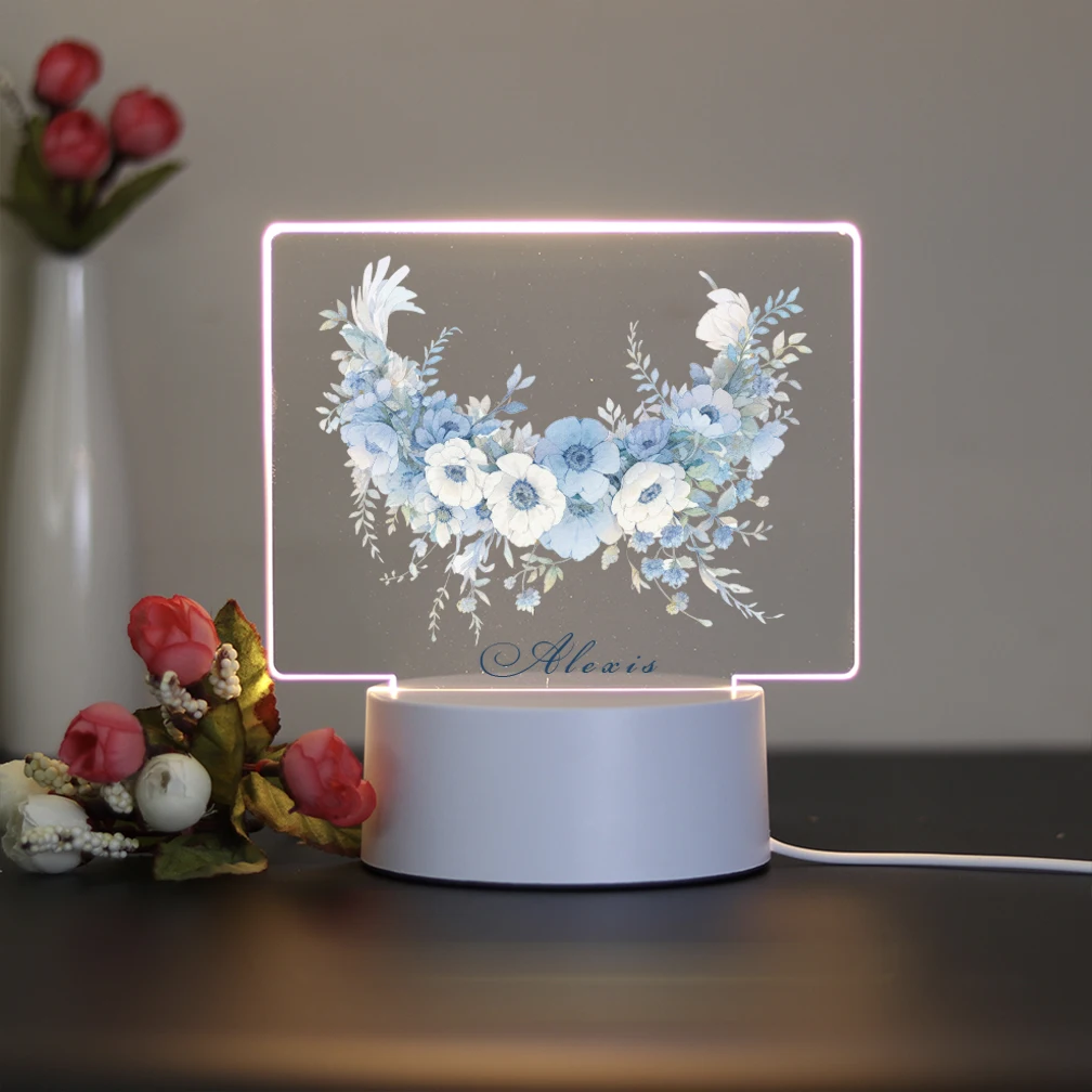 1 personalized night light blue wreath Seven color pattern 3D acrylic touch night light Wedding decoration bridesmaid gifts