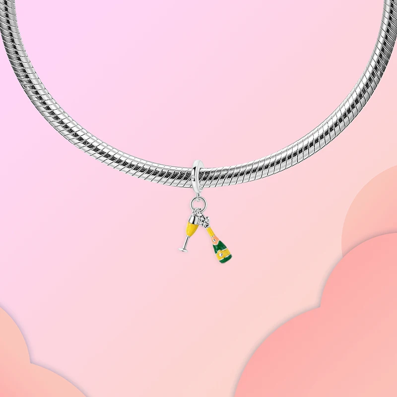 بدلاية من الفضة الإسترليني جذابة للنساء ، شامبانيا ، زجاج نبيذ ، أصفر ، يناسب أساور الباندورا الأصلية ، هدية مجوهرات سهلة الاستخدام