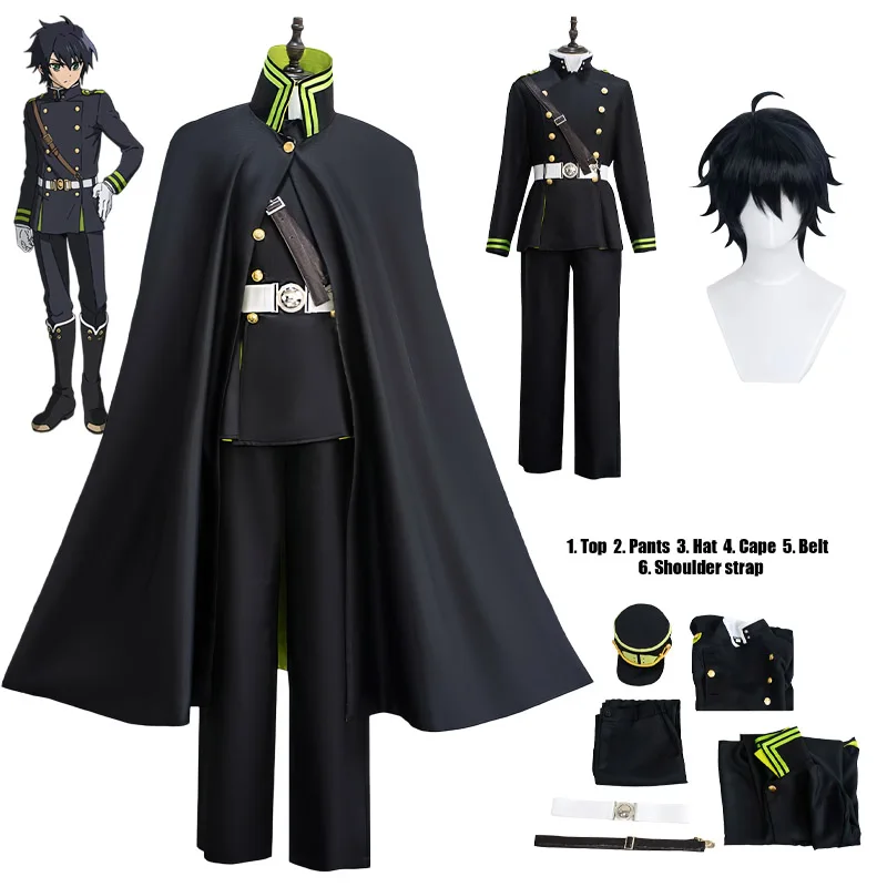 

Anime Seraph of The End Cosplay Yuichiro Hyakuya Cosplay Costume Black Uniform Cloak Wig Halloween Party Cos for Men