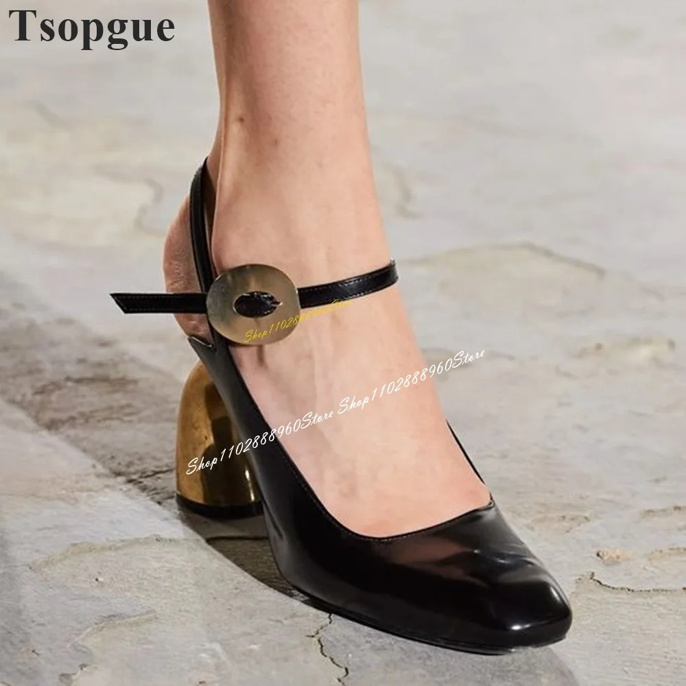 Catwalk Black Metal Buckle Sandals Strange Style Heel Shoes For Women Ankle Buckle Strap Square Toe 2024 Zapatos Para Mujere