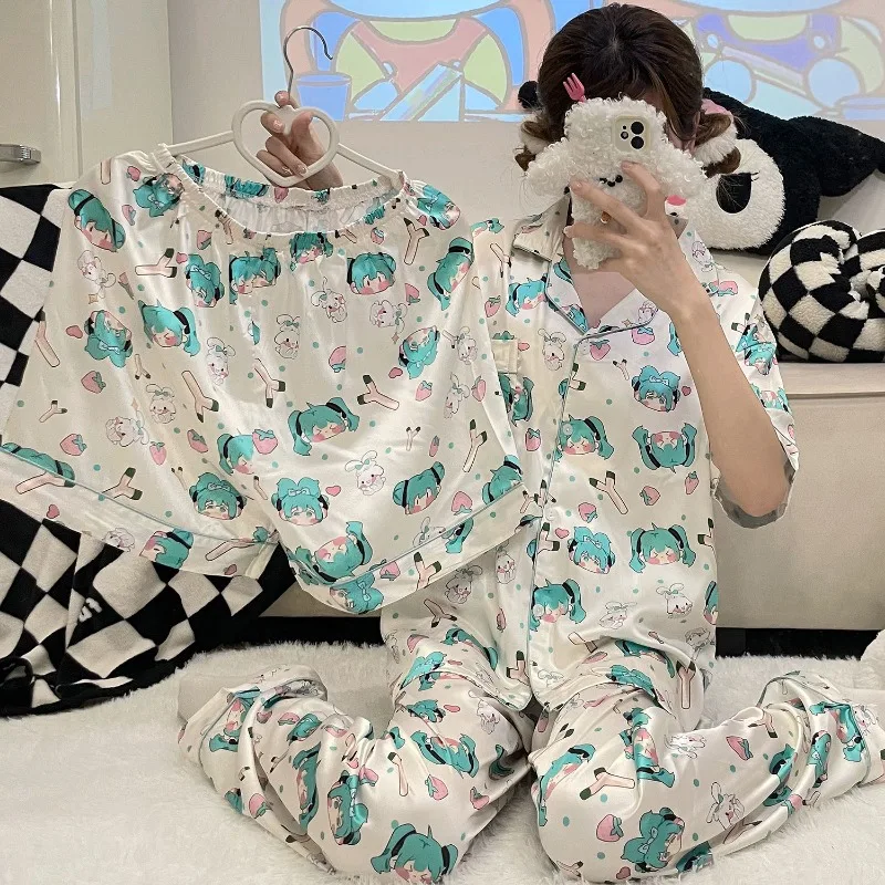 Hatsune Miku Character Pajamas for Women Summer New Short-sleeved Anime Cartoon Cute Student Outer Wear Fashion Home Clothes