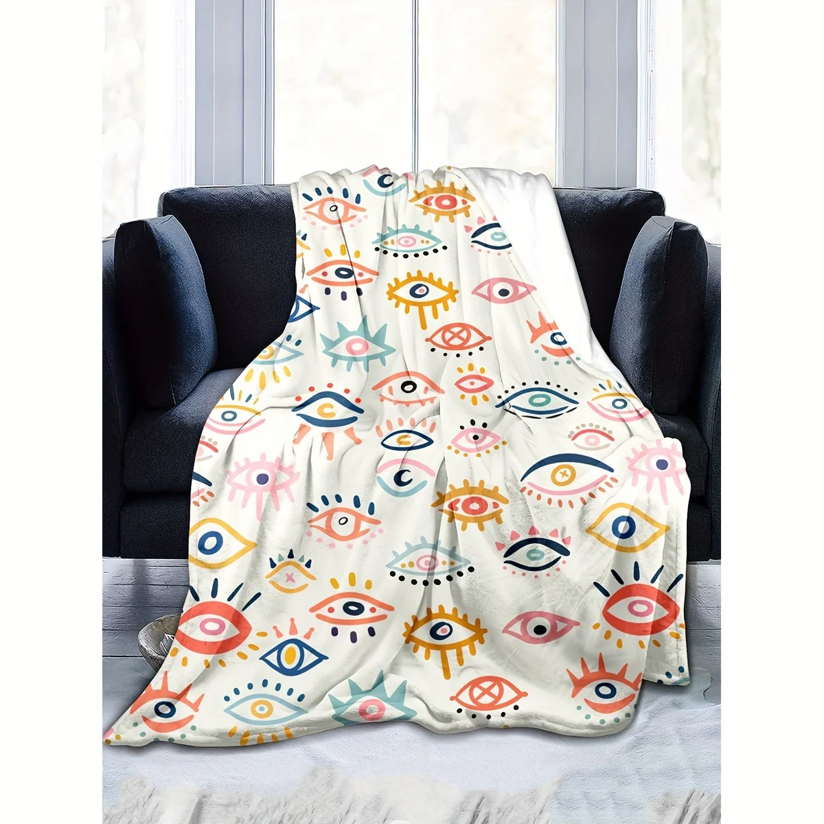 بطانية رمي عين الشر - بطانية قطيفة دافئة ومريحة لجميع المواسم مع نمط عين الشر اللامع للأريكة والسرير والتخييم والسفر #2