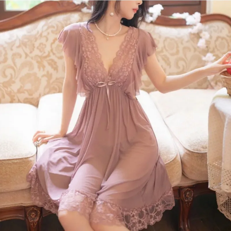 Spring Pajamas Ladies Lace Mesh Pyjamas Sweet Princess Wind Nightdress Bow Lacework Sleepwear Solid Color Mid-length Nightgown