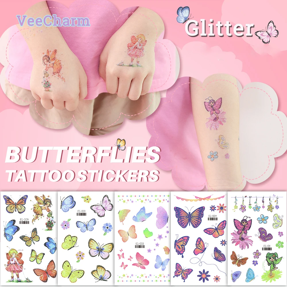 

VeeCharm - Glitter Butterfly Temporary Tattoos for Girls & Boys, Party Favors Decorations, Goodie Bags Fillers, 1/12 Sheet