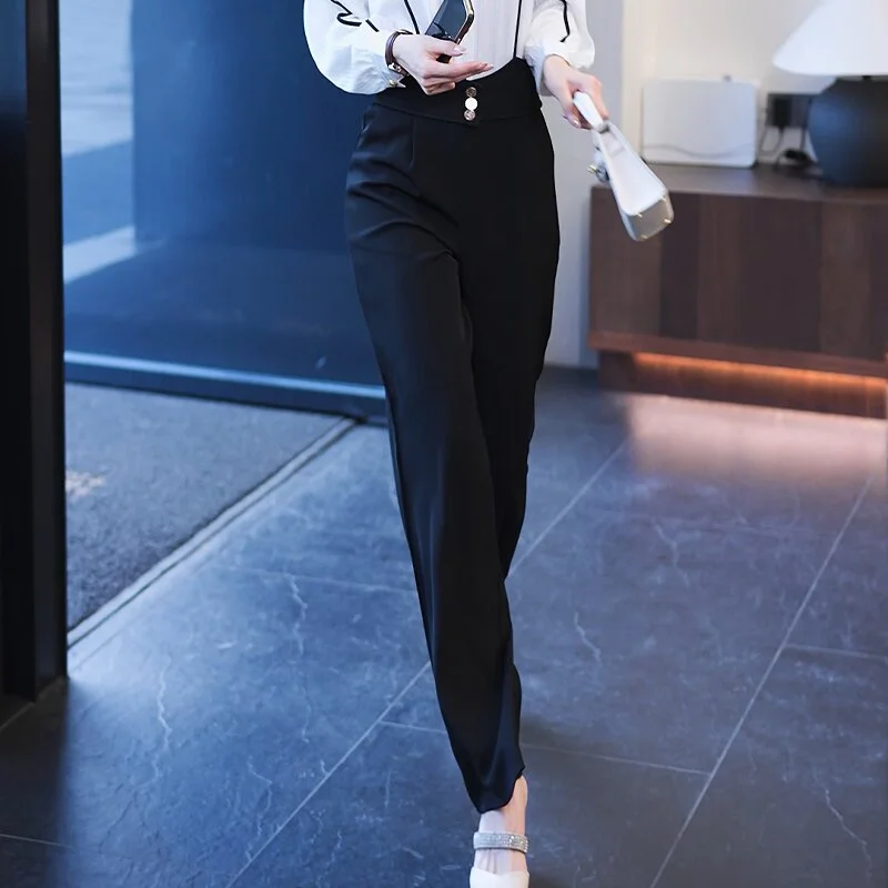 Spring Autumn New Ladies Suits Women POLO Collar Fashion Long Sleeve Shirt Solid Color Button Patchwork High Waist Chic Pants