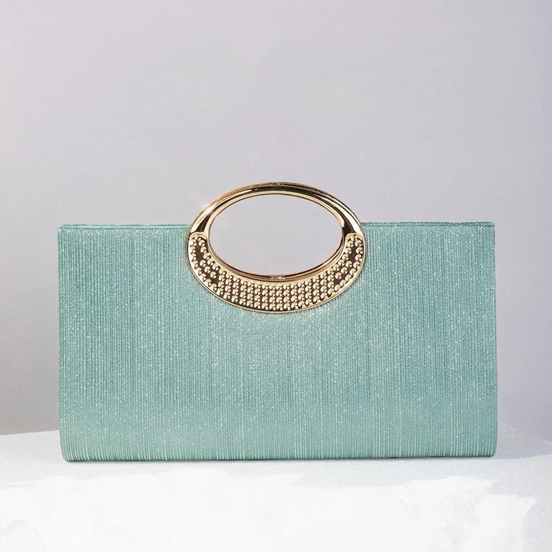 

Fresh Mint Green Diamond Studded Women's Evening Bag Fashionable Stripy Pattern Golden Handbag Wedding Party Guest/bridal Bag