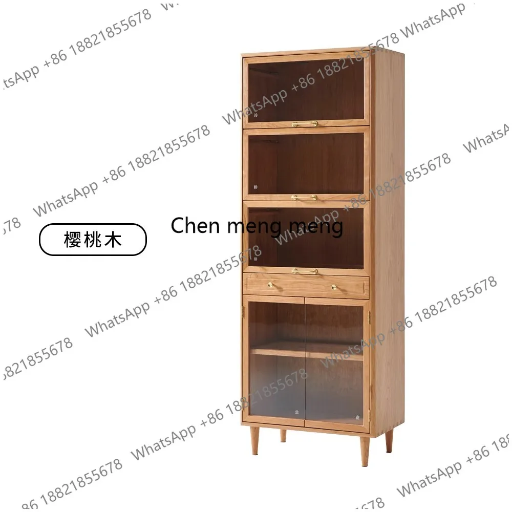 Nordic Modern Minimalist Cherry Wood Flip Door Handcrafted Living Room Display Cabinet Glass Storage Cabinet