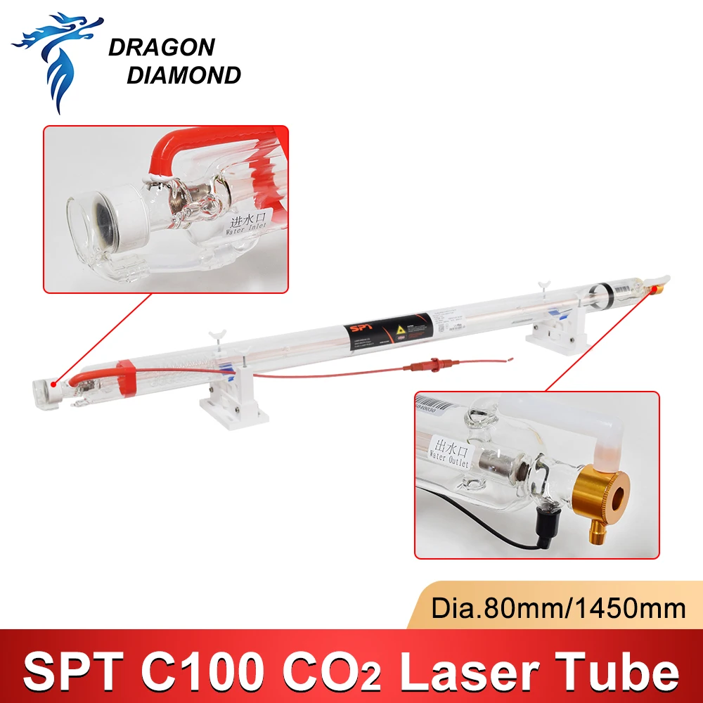 Tubo láser de CO2 SPT 100-130W, tubo de vidrio, cabezal de Metal, longitud de 1450mm de diámetro, 80mm para máquina cortadora de grabado láser CO2, rápido y seguro