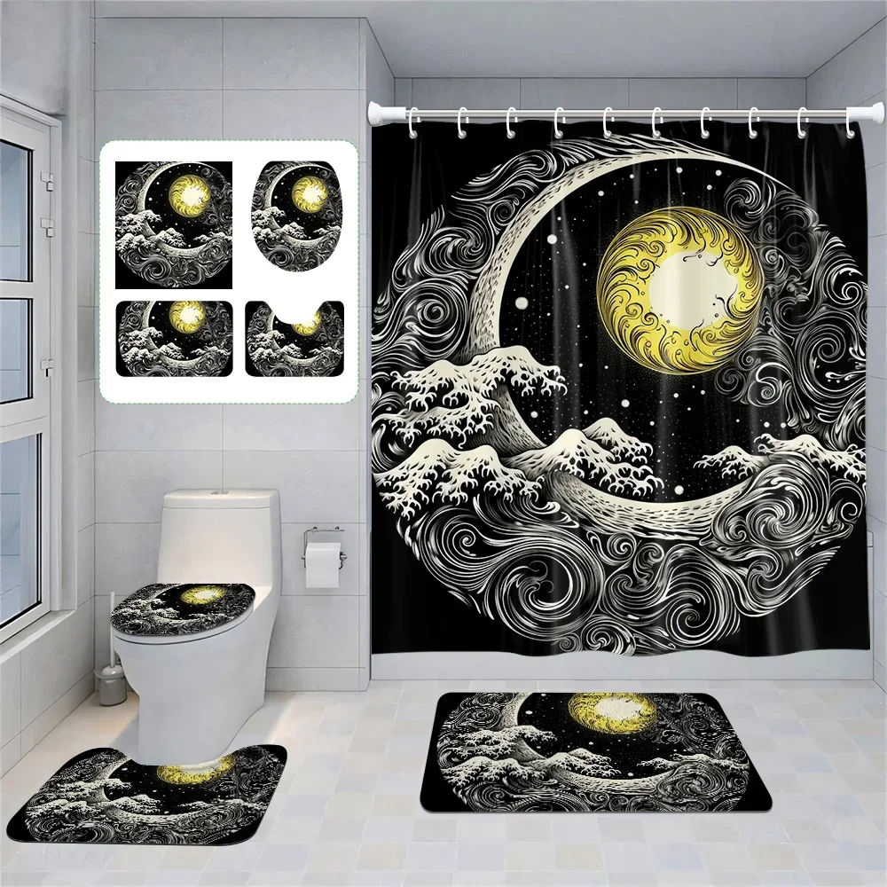 

"Набор для ванны Moon Starry Sky из 4 предметов: занавеска для душа небесного цвета, нескользящий коврик, крышка унитаза и накладка на сиденье - мечтательный декор для ванной комнаты"