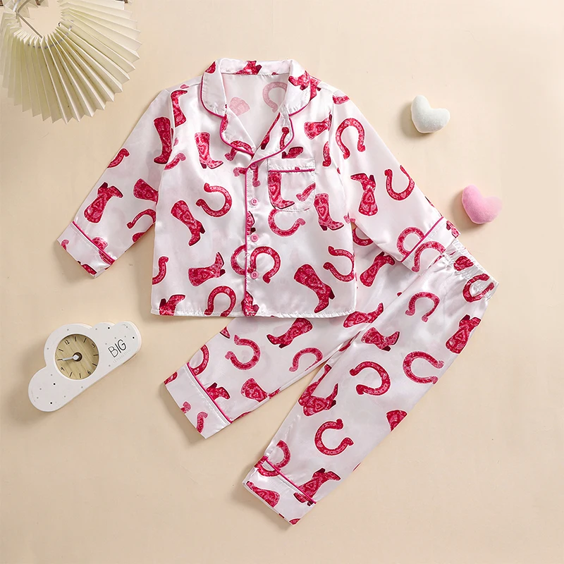 

Kids Girls Pajama Sets Print Long Sleeve Lapel Neck Button-up Tops Elastic Waist Long Pant Satin 2 Pieces Loungewear Set