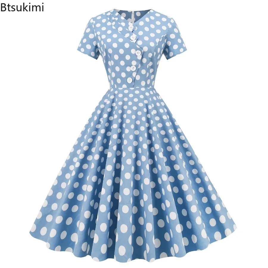 

Women's Vintage Polka Dots Dress Asymmetrical Collar Large Skirt Dress Summer Short Sleeves Slim Fit Solid Color Retro Dress