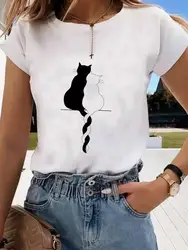 Camiseta de manga curta feminina, roupa estampada de gato, amor, doce camisa dos namorados, camiseta feminina, primavera, verão, moda feminina