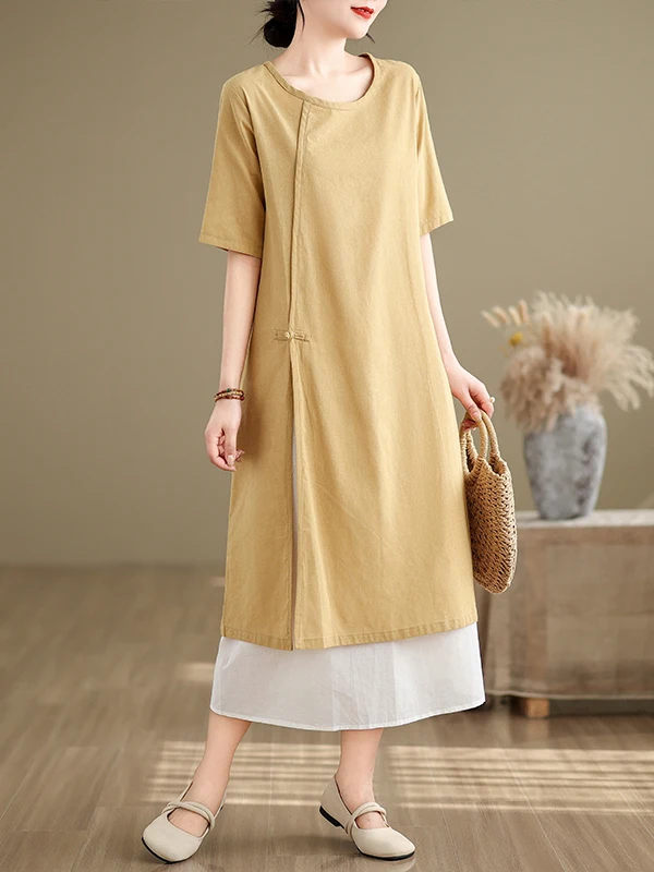 Retro Chinese Button Loose Cotton Women's Dr Boting Skirt Two-Piece Set ort Sve round Ne Pullover Faion Set