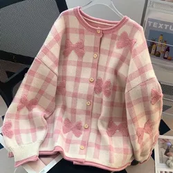 Butterfly Plaid Knitting Cardigan Coat Women Autumn Winter Simplicity Loose O-neck Sweater Fashion All-match Knitwear Trend Tops