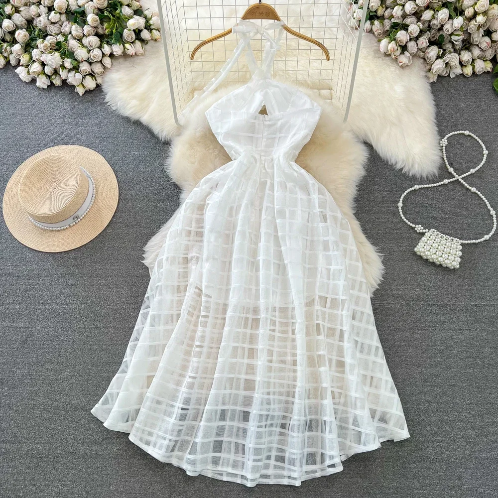 Summer Long White Beach Dress for Women Hole Halter Neck Openwork Waist Sleeveless Vacation Holiday Vestidos Elegant New In 2023