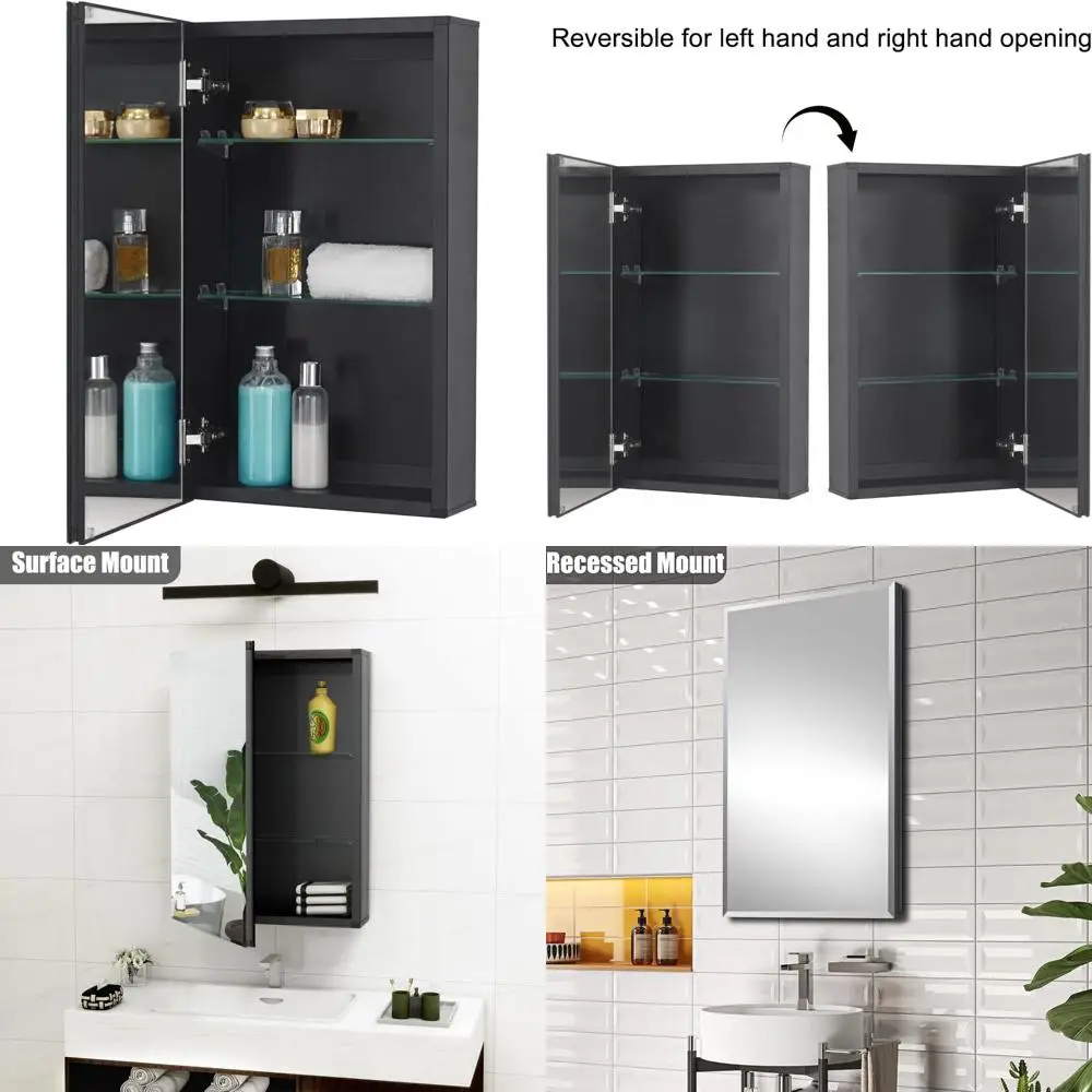 

Black Aluminum 14x24 Medicine Cabinet with Mirror, Recessed or Surface Mount Option for Bathroom Wall