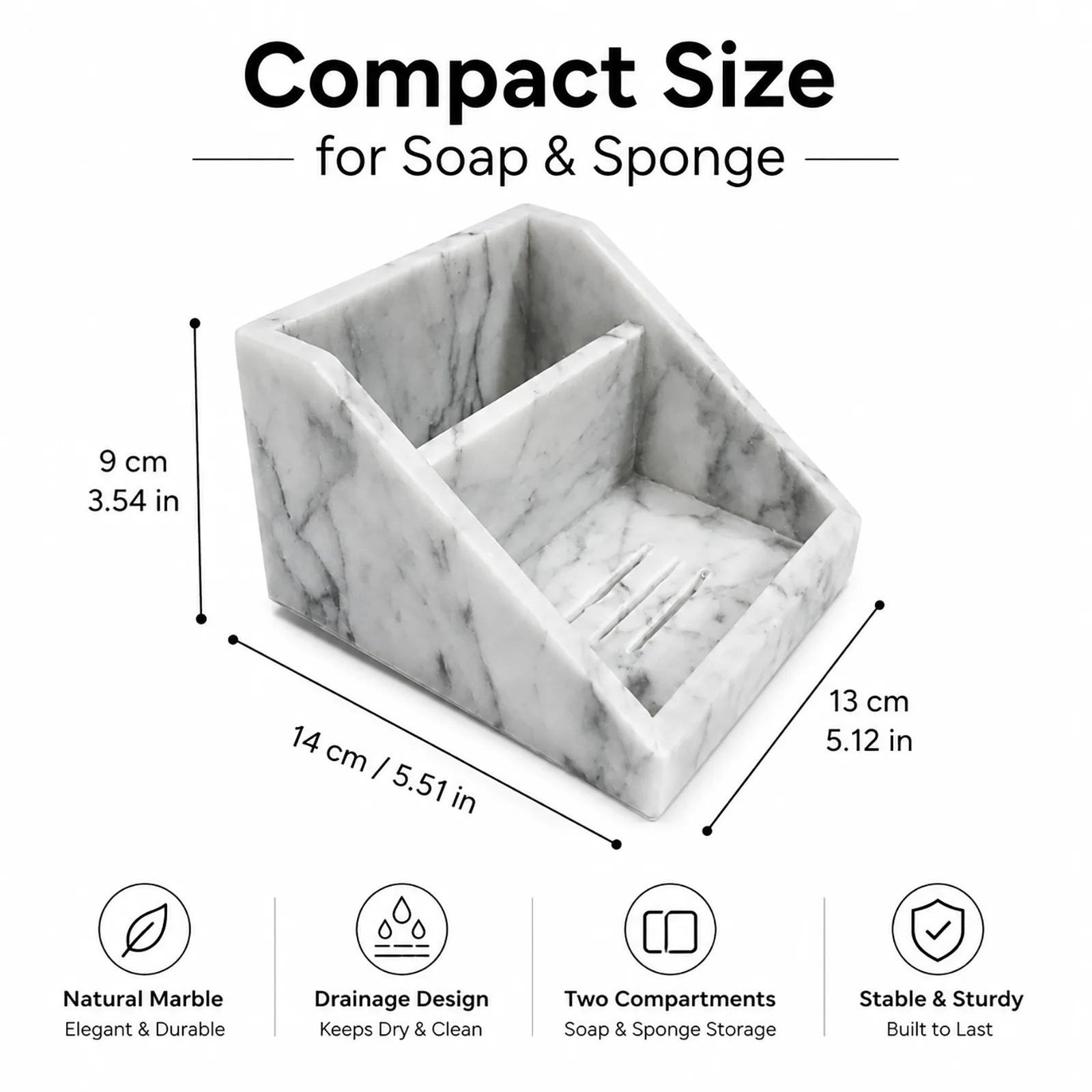 Natural Marble Sponge Holder, Stone Soap Dish Caddy, Kitchen Sink Bathroom Counter Organizer for Sponge Brush Soap Storage