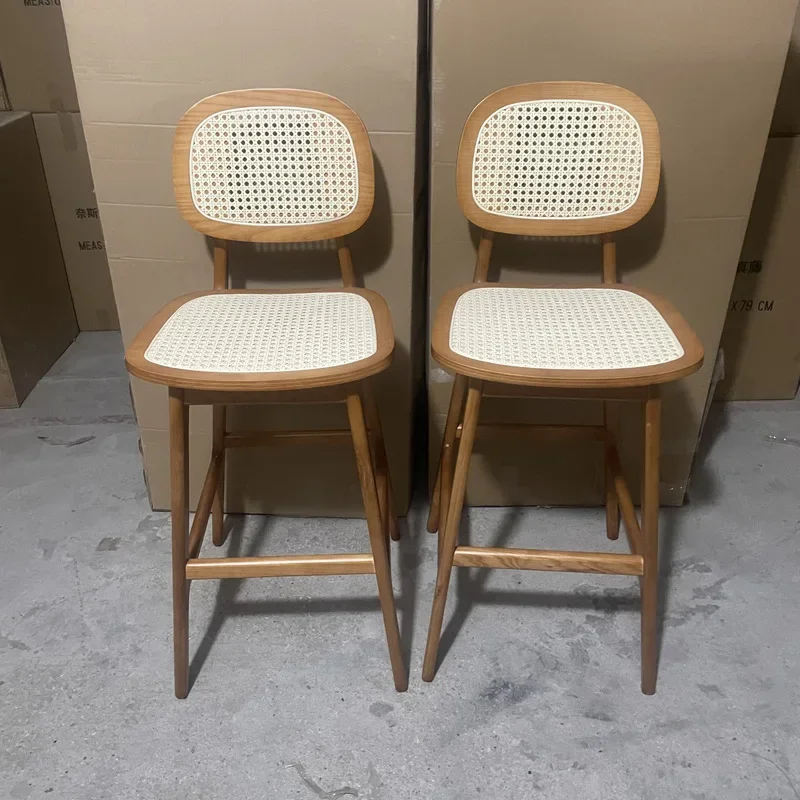 Nordic solid wood high bar chair, real vine backrest dining chair, homestay restaurant cafe clear 5 groups