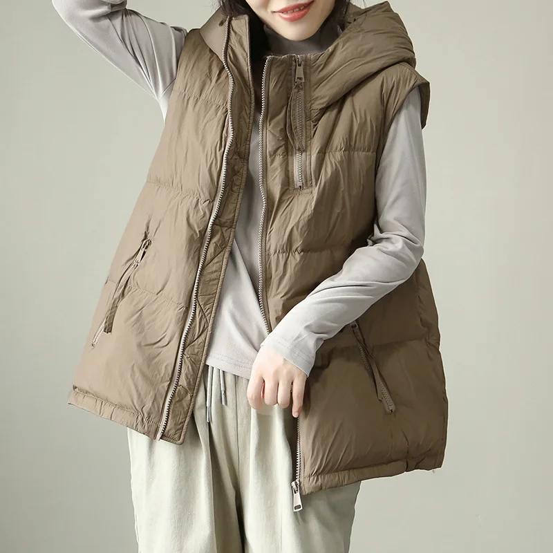 Sleeveless Hooded Down Jacket for Women Monochromatic Thick Waistcoat Casual Loose Vest Short Down Vest Simple Solid Color Winte