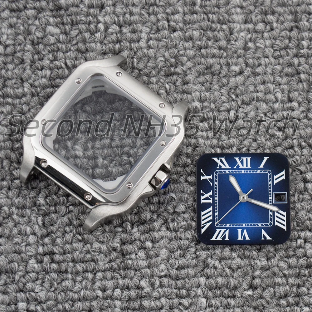 Stainless Steel NH35 Case Strap 27mm Square Dial Hands For Santos 38mm Watch Case NH35 NH36 Movement Waterproof Mod Accessories