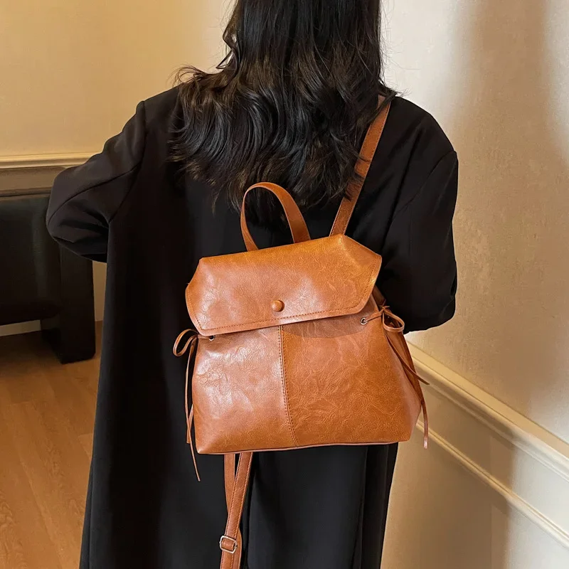 Vintage Women Drawstring Backpack PU Leather School bags Teenage Girls Backpacks for female shoulder bags ladies Bagpack