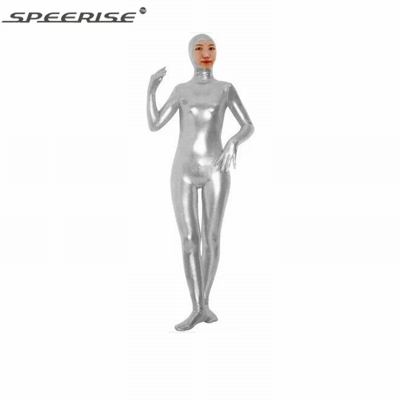 Erwachsener Spandex, glänzendes metallisches Gesicht, offener Zentai-Anzug, zweiter enger Ganzkörper-Catsuit, Herren-Zentai-Ganzanzug, Halloween-Kostüm