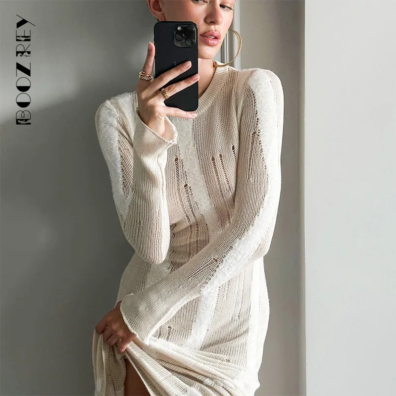 BoozRey Hollow Out Knit Maxi Dresses Female Slim Long Sleeve 2023 Beach Holiday Dress Patchwork Knitwear For Women Vestido New