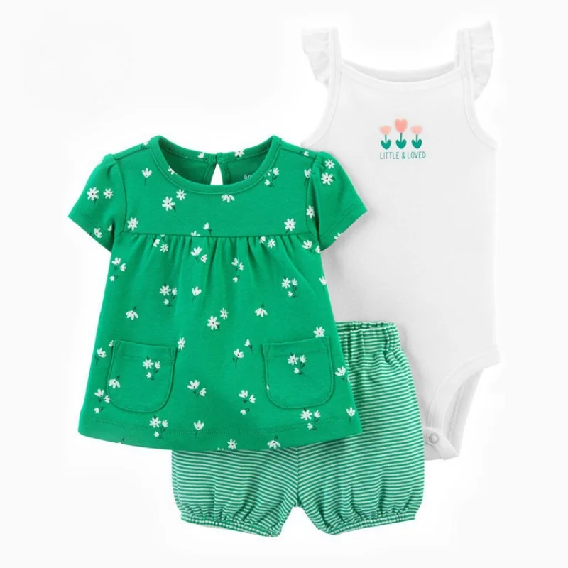 3-Piece Summer Newborn Baby Clothes Short-Sleeved +Shorts+Sling Onesie Leisure Suits Sweet and Cute Girls Bebe Children Clothing