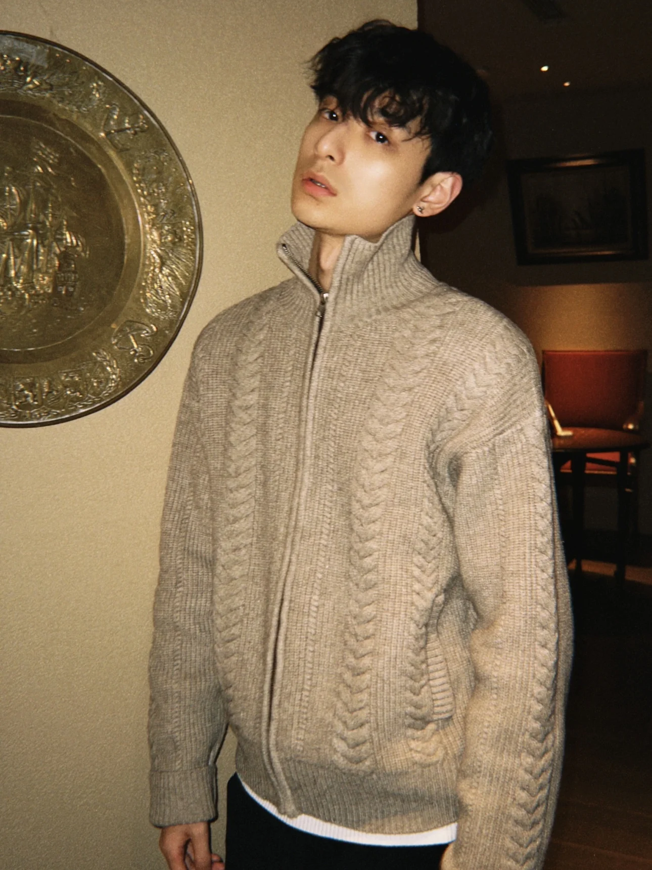 

American Retro Wheat Ear Twist Zipper Stand Collar Men's Winter Warm Casual All-Match Texture Knitted Sweater Long Sve Bre...