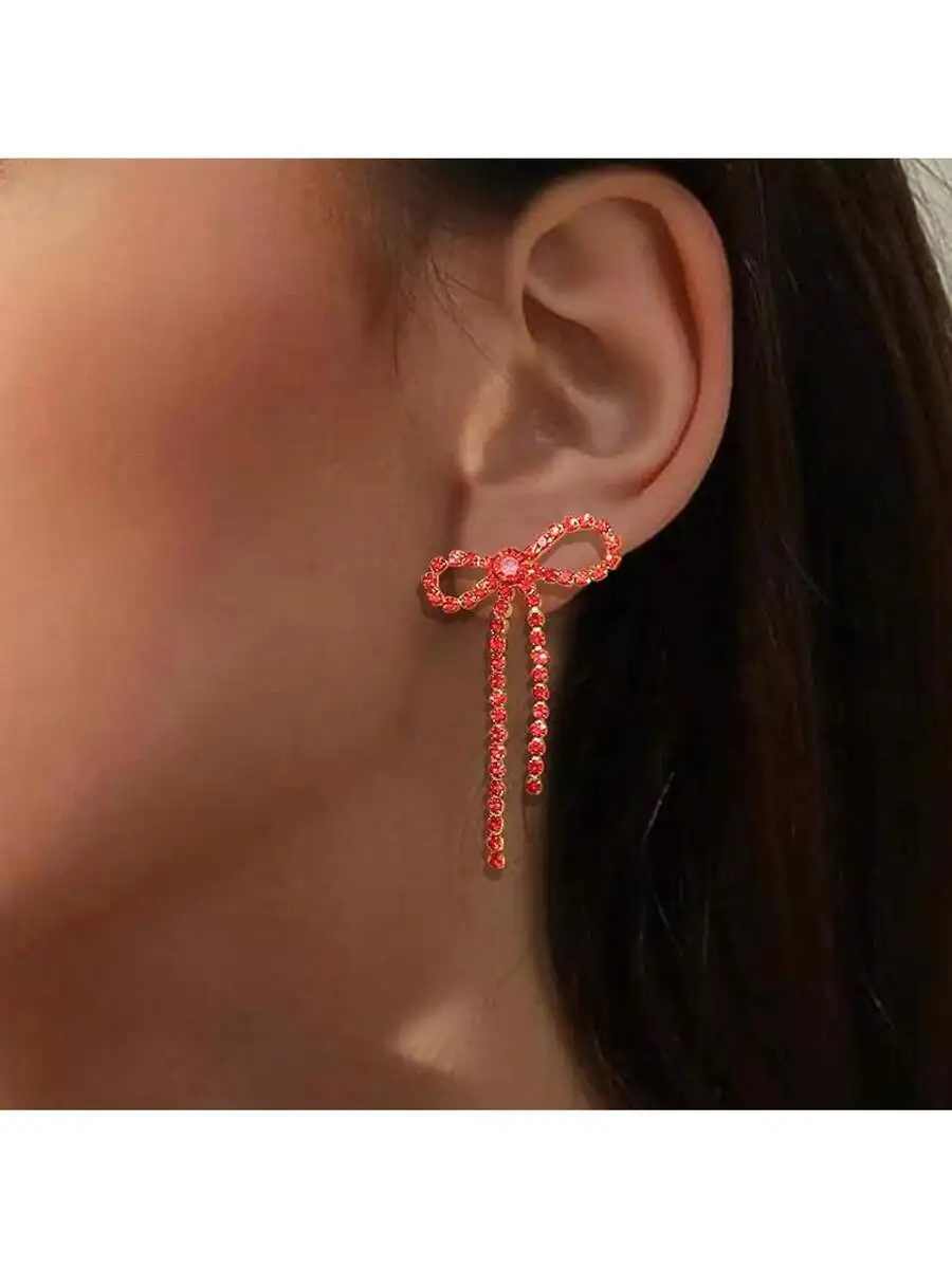 

Red Bow Earrings For Women Dangling Sparkly Fashion Jewelry For Wedding Party