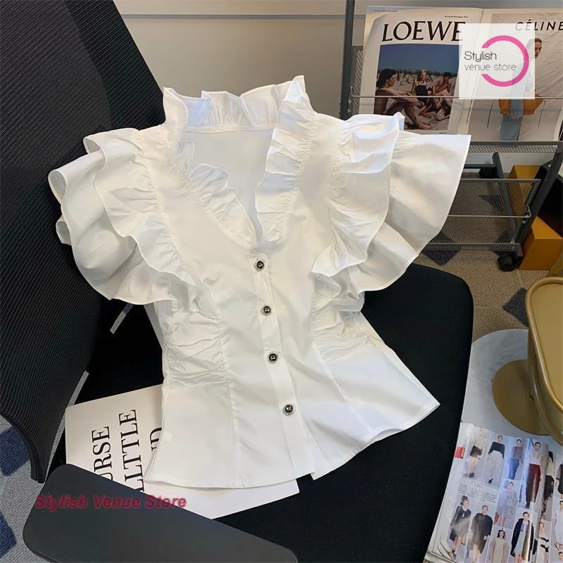 

French white ruffled flying sleeve shirt women's summer new sleeveless short thin waist shirt fashion slim casual shirt.