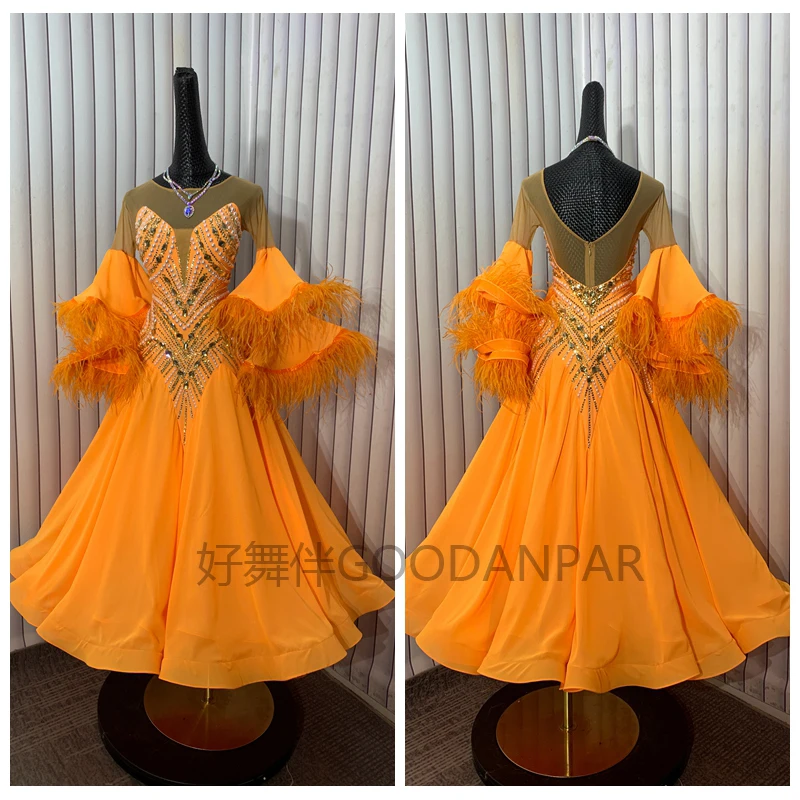 Nieuwe ballroomdansjurk Standaard dansjurk ballroomjurk voor wedstrijden moderne danskostuum oranje flare mouw