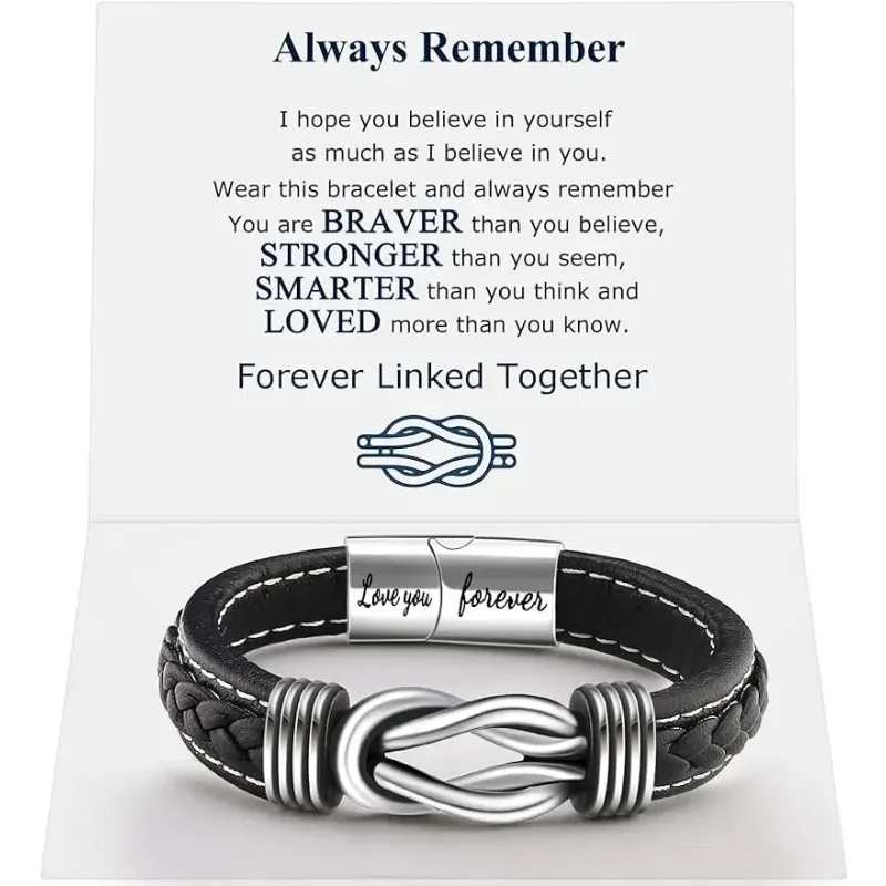 Infinity Knot Leather Bracelet for Men ，Forever Linked Together Braided Cuff Bracelet for Son Grandson,Birthday gift with card