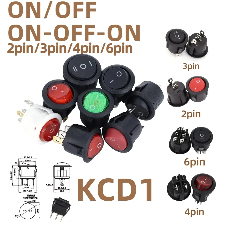 

5-10 шт. KCD1 круглый кулисный переключатель включения/выключения со светодиодной подсветкой, приборная панель автомобиля, приборная панель, лодка, фургон, 12 В, 24 В/6 А, 250 В/10 А, 125 В, 2/3/4 контакта