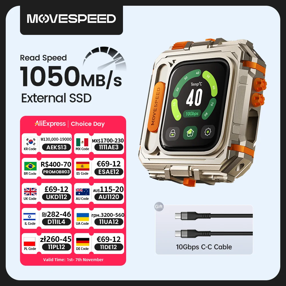 MOVESPEED GD10 1050MB/s External SSD 2TB 1TB Touchscreen Encryption USB3.2  Gen2 Type C Hard Drive for iPhone 15/16 PS4 PS5 PC