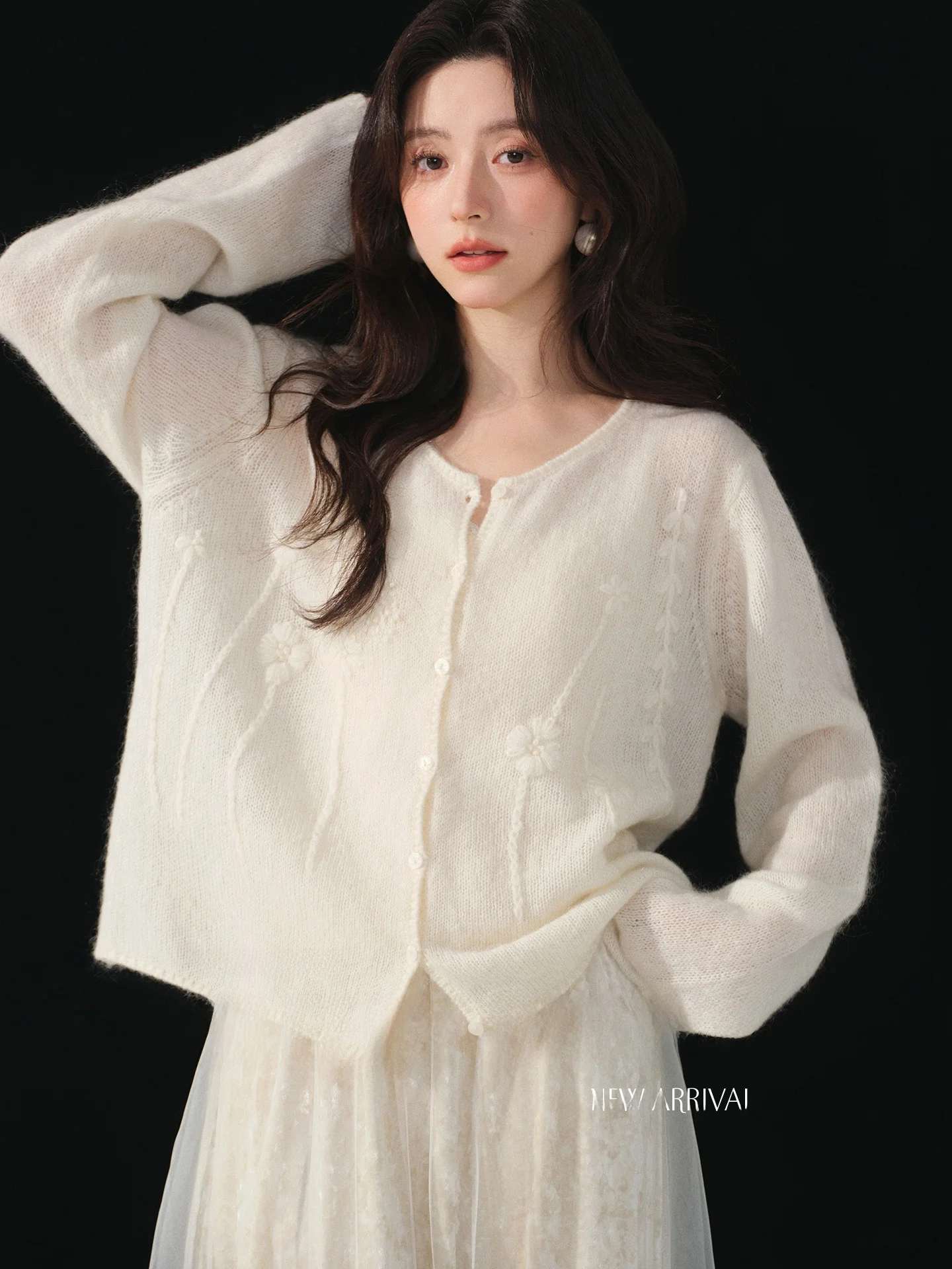 

BUNNY Heavyweight Wool Knitted round Ne Open Cardigan Women's Spring Anti-aging Top Soft Sle Loose Fit Long Sve