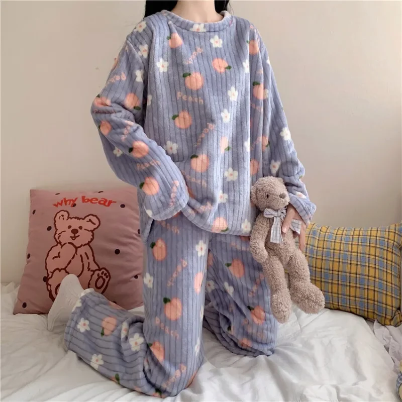 Conjunto de pijamas kawaii de 2 peças para mulheres, roupa de flanela grossa, manga comprida, pijamas dos desenhos animados, terno quente feminino,