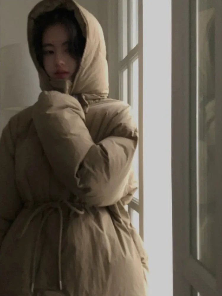 دافئ Dstring الخصر مقنعين القطن Jaet ort المرأة Sle خمر العصرية تخفيف طويل Sve سستة معطف لون نقي