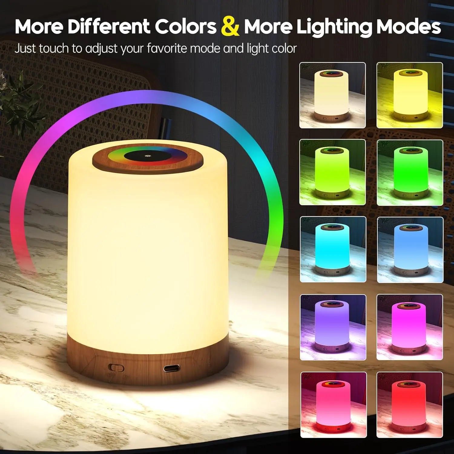 Bedside lamp touch dimmable, 10 colors and 4 modes night light USB rechargeable, infinitely dimmable LED light.