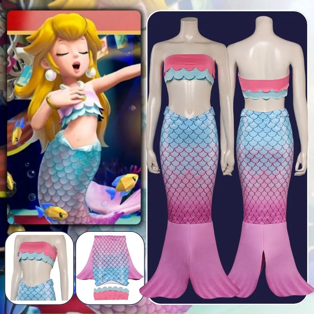 

Princess Mermaid Peach Cosplay Fantasia Costume Disguise for Adult Women Clothes Mermaid Bikinis Set Halloween Carnival Suit